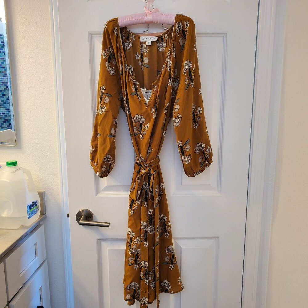 Amour Vert Mustard Floral Long Sleeve Wrap Dress